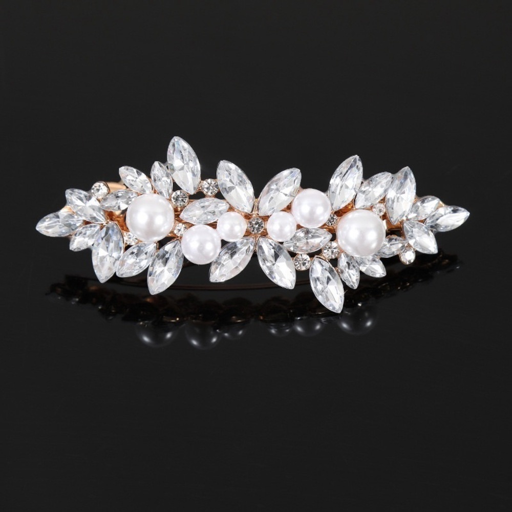 Faux Pearl Golden Hair Barrette Statement Silver Tone Leaves Natural Textured
